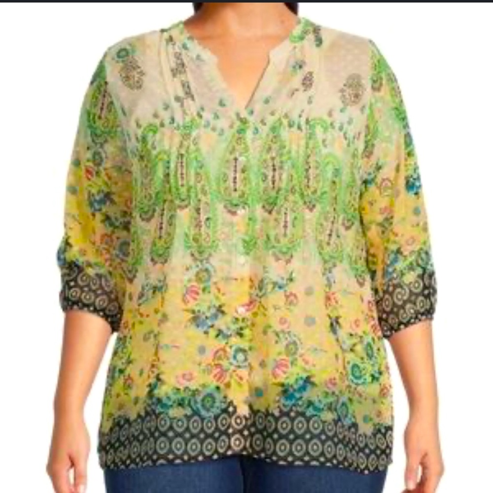 Anthro Figueroa and Flower Top Womens XL Floral Boho Peasant 3/4 Sleeve Blouse